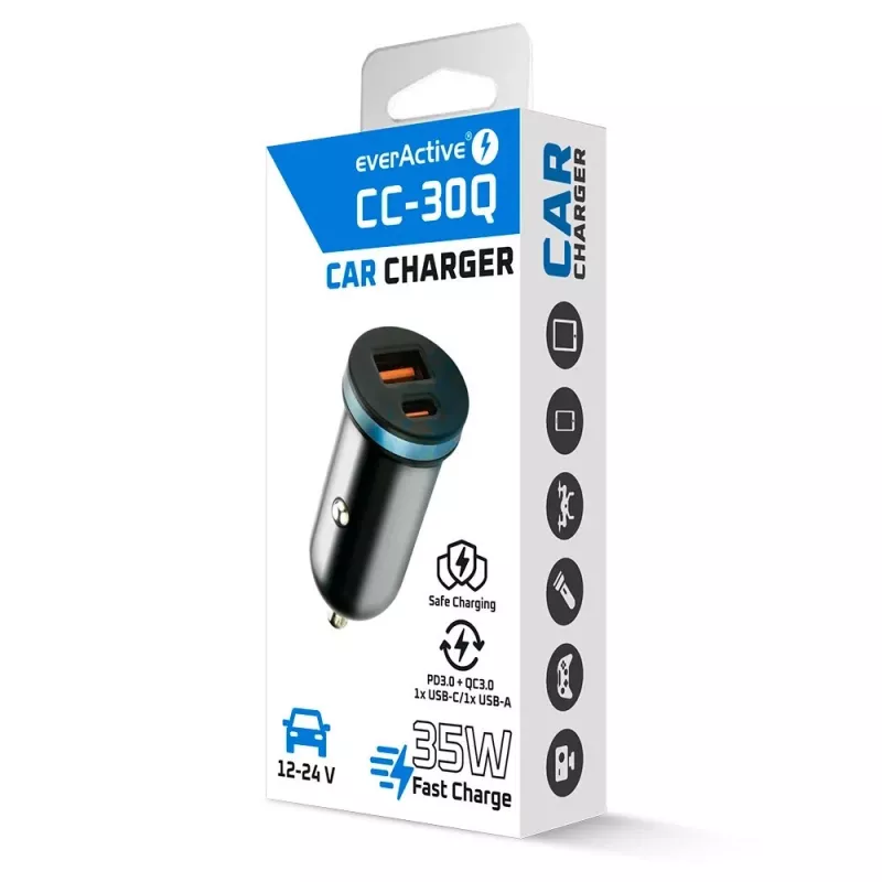 Automobilinis kroviklis everActive CC-30Q QC3.0 35W — 1x USB-A, 1x USB-C, greitasis krovimas