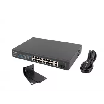 Nevaldomas jungiklis LANBERG RSFE-16P-2C-150 — 18 prievadų Gigabit, 16 PoE+/2 SFP, 150 W bendra galia, 1U stovas, metalinis, juodas