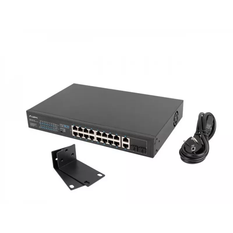 Nevaldomas jungiklis LANBERG RSFE-16P-2C-150 — 18 prievadų Gigabit, 16 PoE+/2 SFP, 150 W bendra galia, 1U stovas, metalinis, juodas
