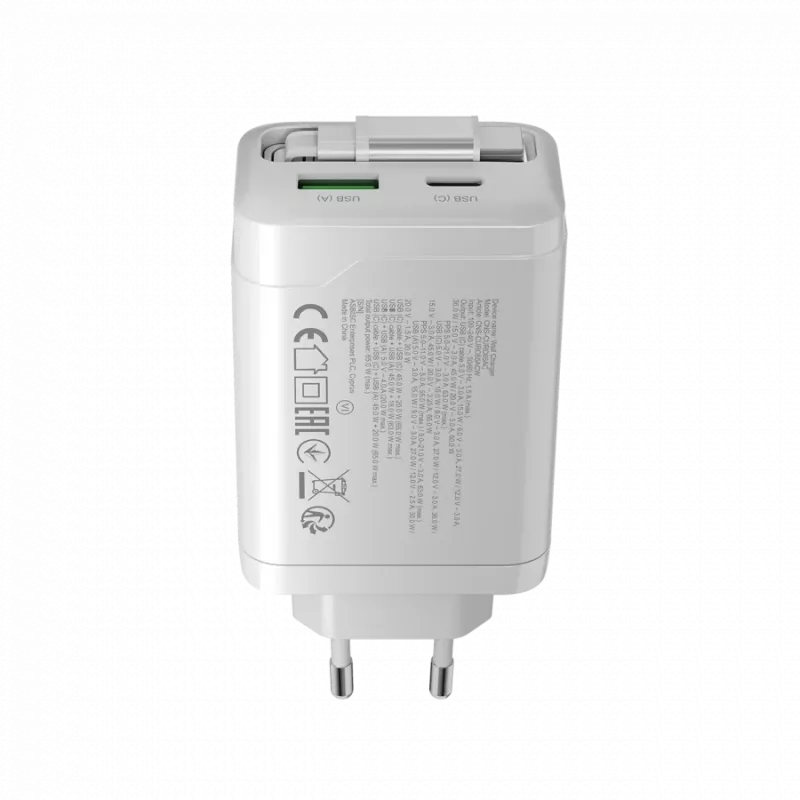 CANYON pakrovėjas OnCharge 65RC su įmontuotu USB-C kabeliu 65W, 1x PD, 1x QC, EU kištukas, Baltas