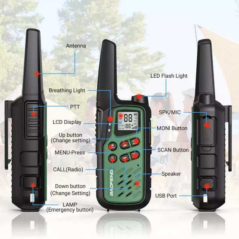 Nešiojama racija Baofeng BF-T25E — 16 kanalų, 2×1400 mAh Li‑Ion, VOX, LCD, žalia, 2 vnt. rinkinys