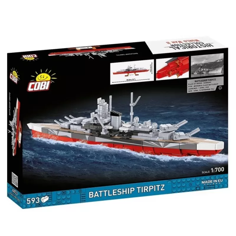 Konstruktorius Cobi Battleship Tirpitz modelis su 593 dalimis, mastelis ir demonstravimo ypatybės