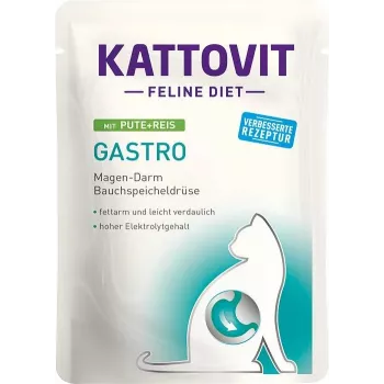 Šlapias kačių maistas KATTOVIT Turkija ir ryžiai 85 g — suaugusioms katėms, virškinimo trakto palaikymas, 80 % drėgmės