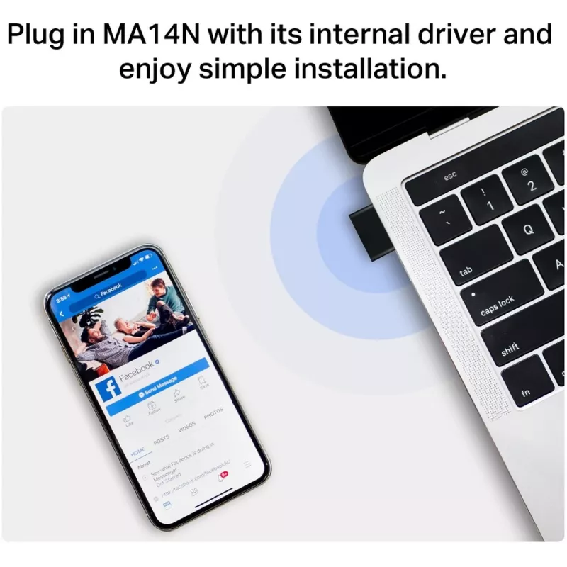 USB Wi‑Fi adapteris MERCUSYS MA14N — USB Type‑A, 2,4 GHz vienos juostos, iki 287 Mb/s, juodas