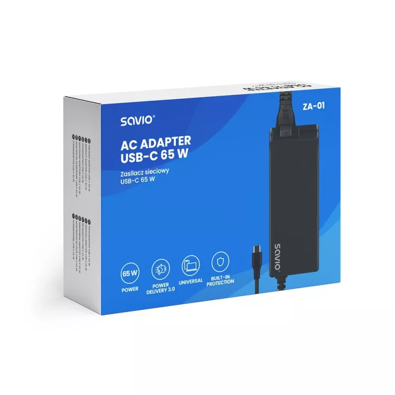 Vidinis kintamosios srovės įkroviklis SAVIO ZA-01, 65W USB‑C PD 3.0, 100–240V įvestis, vienas prievadas, juodas