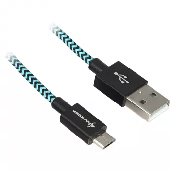 USB 2.0 kabelis, USB-A kištukas > Micro-USB kištukas (juoda/šviesiai mėlyna, 1 metras, pintas)