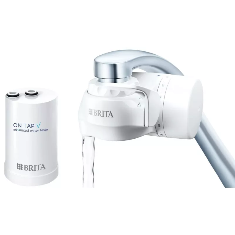 Vandens čiaupo filtras BRITA ON TAP V CU CE2 (1052067) — 4 pakopų, 600 L talpa, 3 režimai, 5 adapteriai, baltas