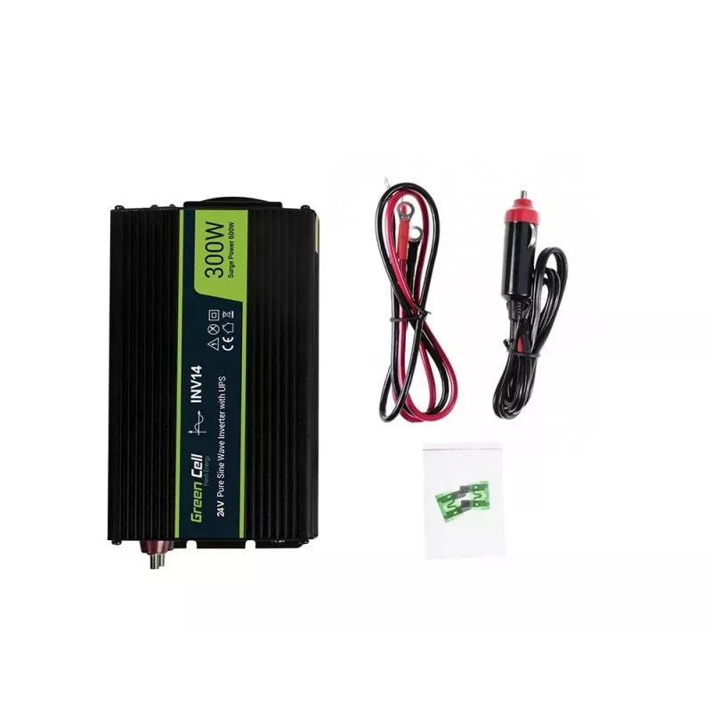 Maitinimo keitiklis Green Cell INV14 300W DC 24V į 230V su USB, E tipo kištuku, aktyviu aušinimu