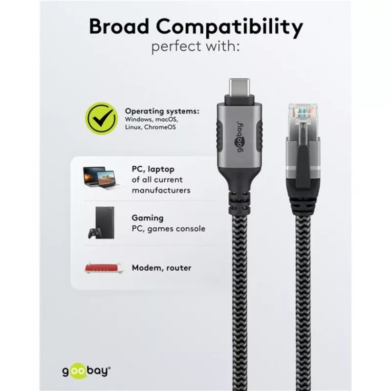 Ethernet kabelis USB-C 3.2 Gen2 kištukas > RJ-45 kištukas (juoda/sidabrinė, 5 metrai, pintas tekstilinis apvalkalas)