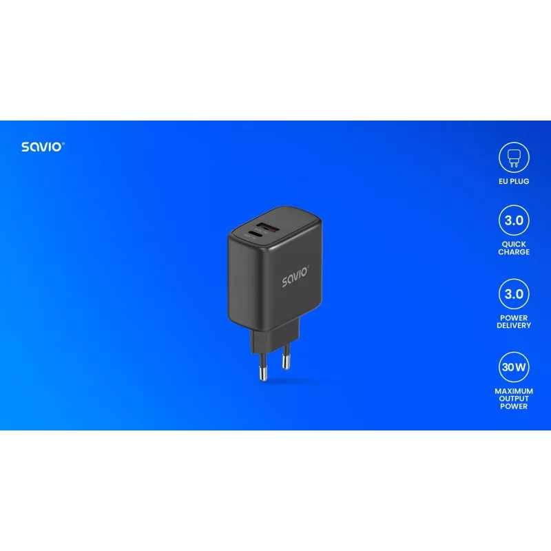 Lauko kroviklis SAVIO LA-06/B USB Type-C 30W Power Delivery 1x USB-C Juoda, 5–20V, 3A/9V, 3A/5V, 3A/12V, 2.1A