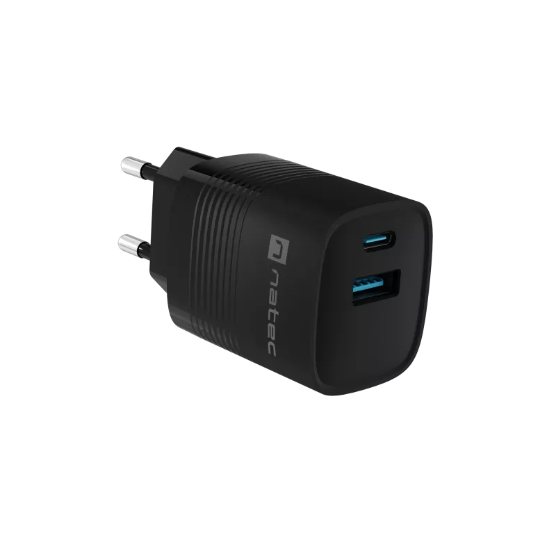 NATEC laidinis mobiliųjų įrenginių įkroviklis NUC-2141, 30W, USB-C PD 3.0 + USB-A QC 3.0, 110–240V, juodas