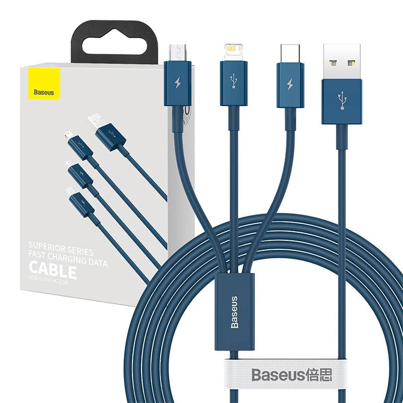 USB laidas 3in1 Baseus Superior Series, USB į micro USB / USB-C / Lightning, 3,5A, 1,5 m (mėlynas)