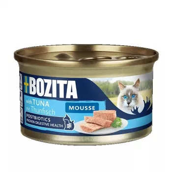 Šlapias kačių maistas BOZITA Mousse MSC Tuna 85 g — putėsių tekstūra, visaverpis pašaras suaugusioms katėms, baltymai 10,5%, riebalai 6,5%