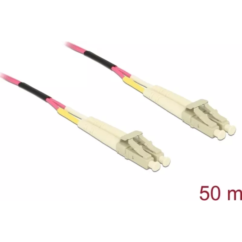 Tinklo kabelis DELOCK LWL kabelis LC Duplex į LC Duplex Multimode OM4 50 m geltonas