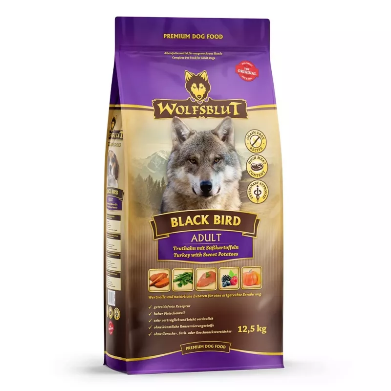 Sausas šunų ėdalas Wolfsblut Juoda Bird Turkija 12,5 kg — visavertis sausas ėdalas suaugusiems šunims, 26 % baltymų, 16 % riebalų