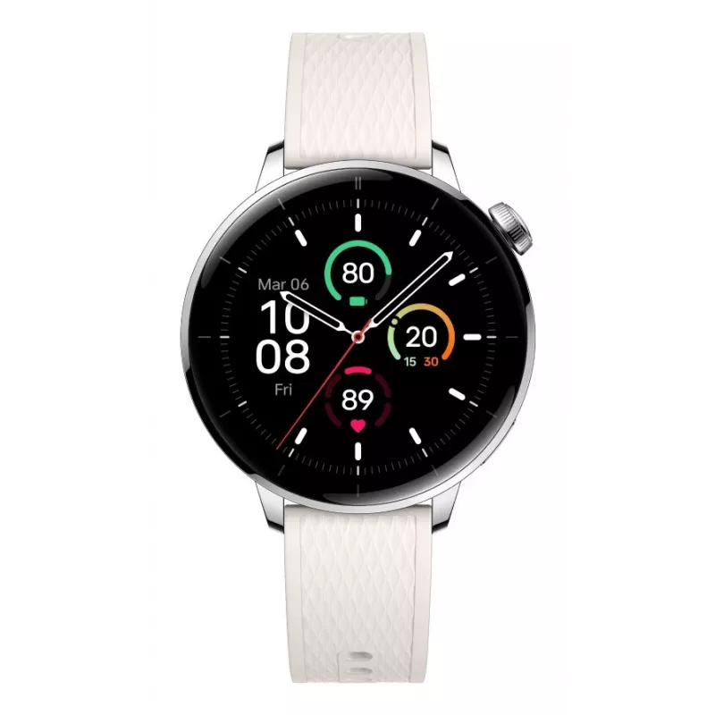 Išmanusis laikrodis ONEPLUS OnePlus Watch 3 43mm, 1,32 colio AMOLED 466×466, titano/sidabro spalvos, baltas guminis dirželis, GPS, Wi‑Fi