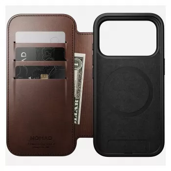 Mobiliojo telefono dėklas Nomad Modern Leather Folio, skirtas iPhone 17 Pro, oda/aliuminis, 16 cm (6,3 colio) rudas, 4 kortelių skyreliai