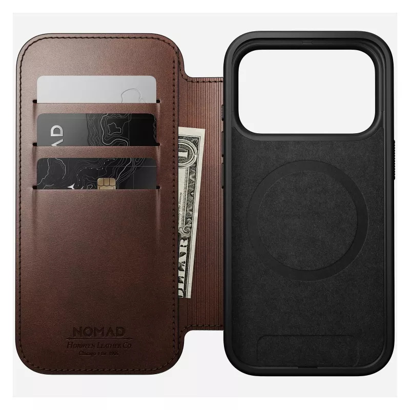 Mobiliojo telefono dėklas Nomad Modern Leather Folio, skirtas iPhone 17 Pro, oda/aliuminis, 16 cm (6,3 colio) rudas, 4 kortelių skyreliai