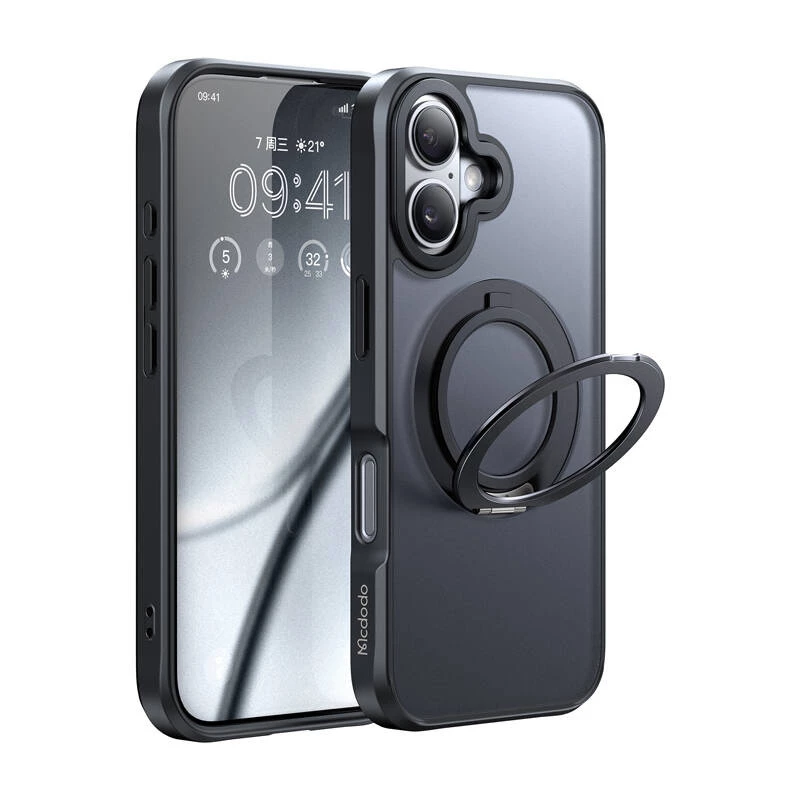 Apsauginis dėklas Mcdodo PC-4930 MagSafe „iPhone 16“ su integruotu stovu, juodas