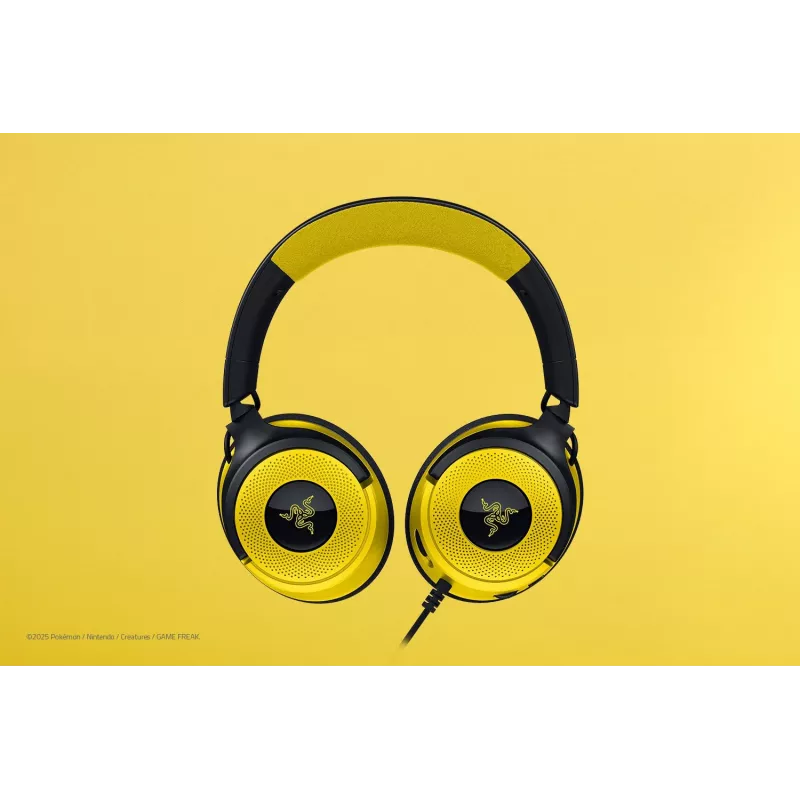 Ausinės Razer Kraken V4 X Pokemon — laidinės USB-C/USB-A, supraauralinės, 20–20000 Hz, 1,8 m laidas, 310 g, juoda/geltona