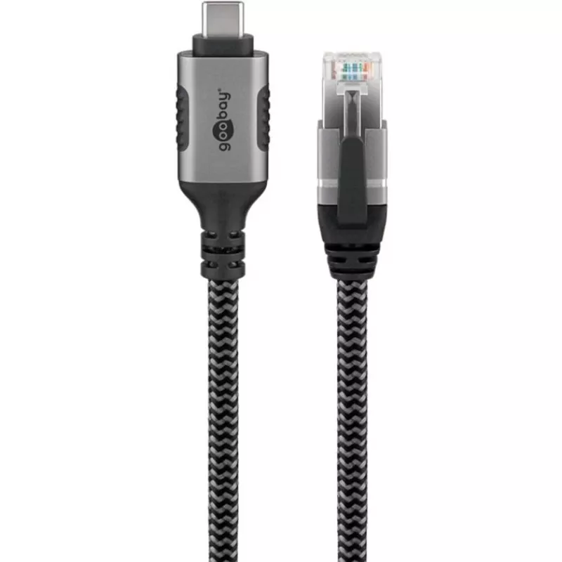 Ethernet-kabelis USB-C 3.2 Gen2 Plug > RJ-45 Plug, LAN-Adapter Juoda/Sidabrinė, 1,5 Meter, braided textile jacket