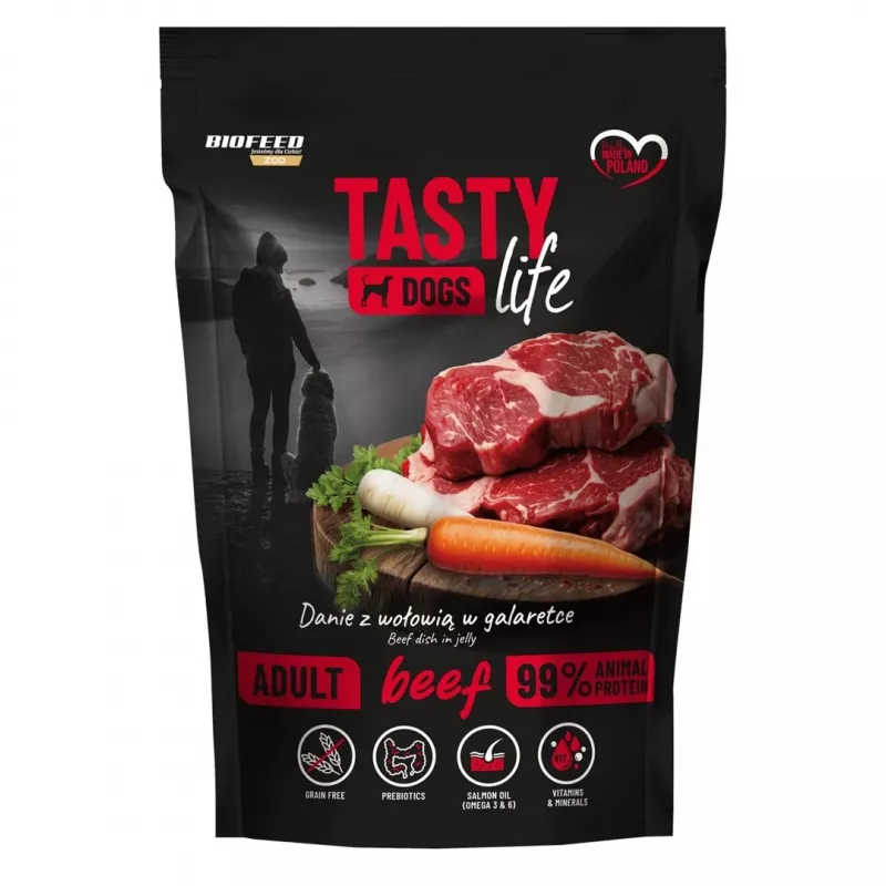 Šlapias šunų maistas BIOFEED Tasty Life jautiena 90% 500 g paketėlis, visavertis suaugusių šunų ėdalas, baltymai 12%, riebalai 6,5%, drėgmė 79%