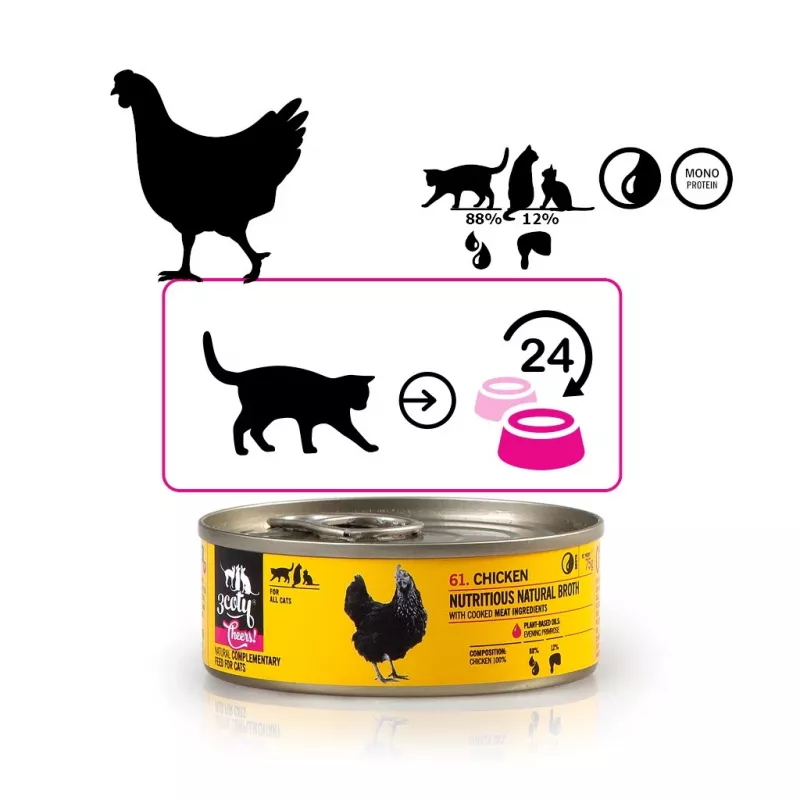 Šlapias kačių maistas 3coty Chicken Cheers 75 g — visavertis suaugusių kačių šlapias maistas, vienos porcijos pakelis, 12 % baltymų, 7,5 % riebalų, 80 % drėgmės