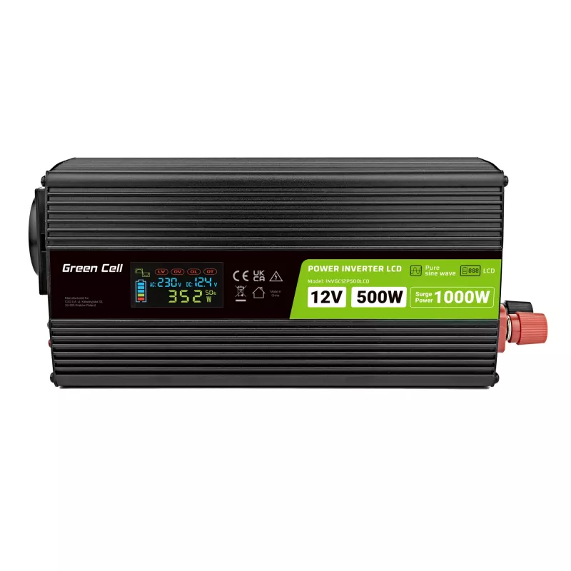 Green Cell Voltage Converter PowerInverter LCD 12 V 500W/1000W automobilinis keitiklis su ekranu – grynos sinusoidės galios adapteris/keitiklis Auto juodas