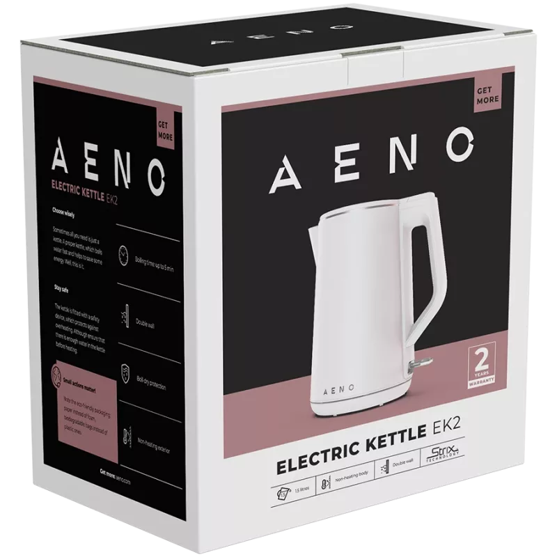 AENO elektrinis virdulys EK2: 1850-2200W, 1,5 l, Strix, dvigubos sienelės, neįkaistantis korpusas, automatinis išsijungimas, apsauga nuo perdegimo