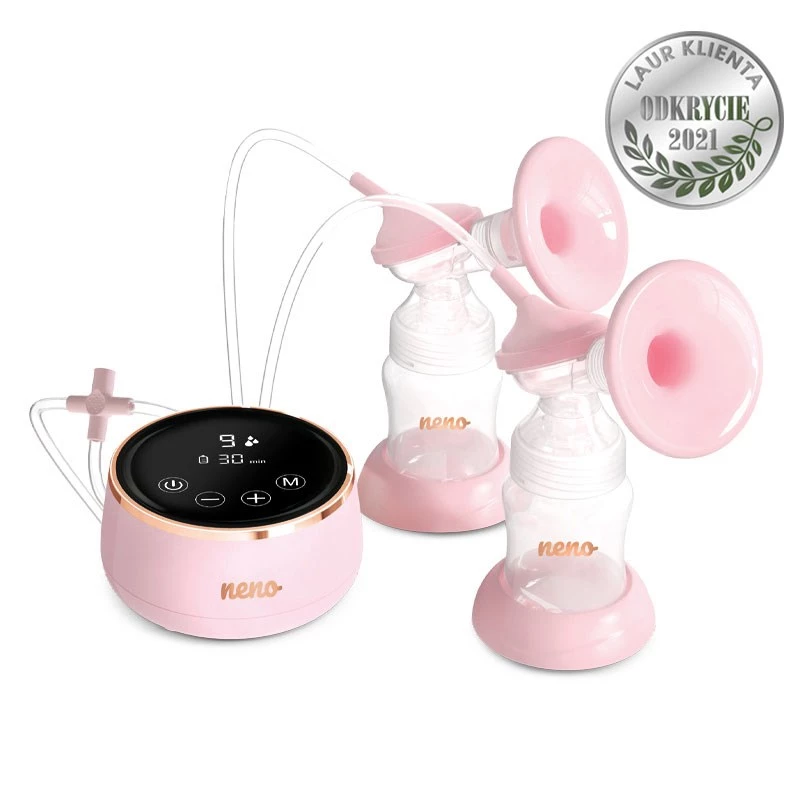 Elektrinis pientraukis neno Bella Twin — elektroninis, 150 ml buteliukai, 6 stimuliavimo / 9 siurbimo lygiai, USB Li‑Ion baterija, rožinis/skaidrus