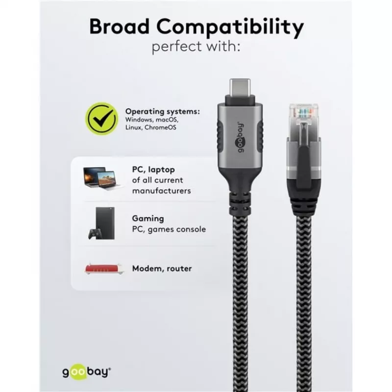 Ethernet kabelis USB-C 3.2 Gen2 kištukas > RJ-45 kištukas (juoda/sidabrinė, 5 metrai, pintas tekstilinis apvalkalas)