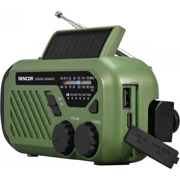 Nešiojamasis FM/AM radijas SENCOR SRD1000SCLGR su Bluetooth, įkrovimas saulės energija/rankine dinama/USB-C, 2000mAh baterija, IPX4, LED lemputės