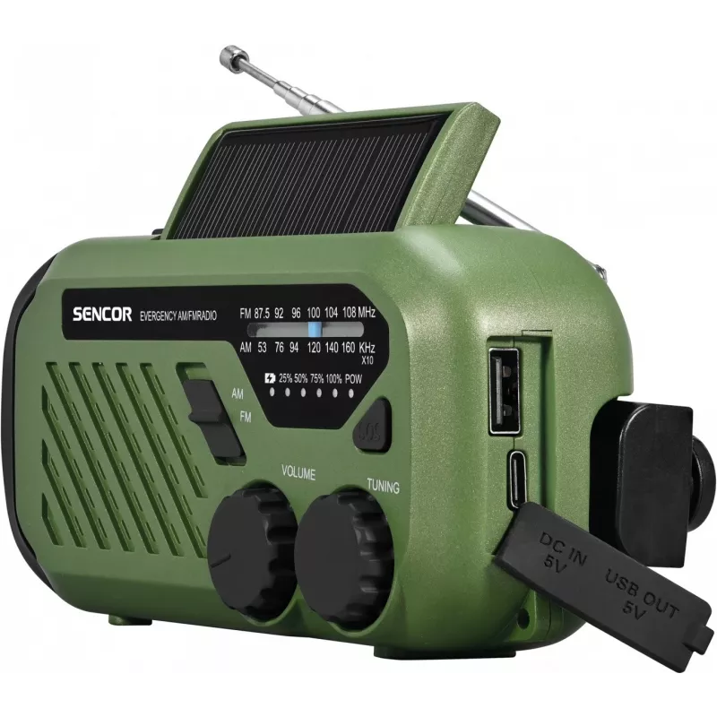 Nešiojamasis FM/AM radijas SENCOR SRD1000SCLGR su Bluetooth, įkrovimas saulės energija/rankine dinama/USB-C, 2000mAh baterija, IPX4, LED lemputės