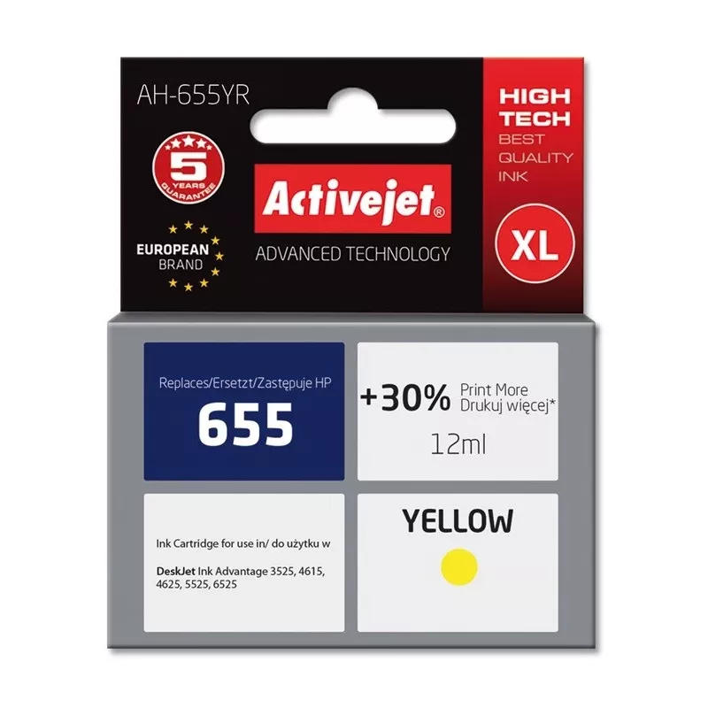 Activejet AH-655YR rašalas (pakaitalas HP 655 CZ112AE; Premium; 12 ml; geltonas)