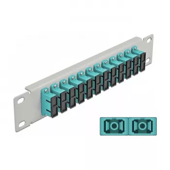 Skaidulinio optinio pataisymo skydelis DeLOCK 10 colių 12 prievadų SC Duplex Aqua 1U pilkas