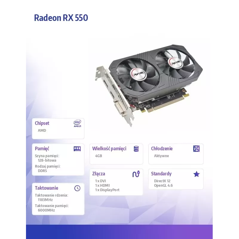 Grafikos plokštė AFOX AMD Radeon RX 550 4 GB GDDR5 PCIe 3.0, 1183 MHz, 128 bitų, dviejų ventiliatorių