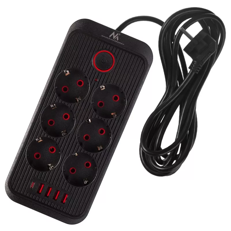 Maitinimo lizdas MACLEAN MCE391 B – 6 lizdai, 4×USB-A + 1×USB-C, 110–240V, 2500W, 3 m kabelis, juodas