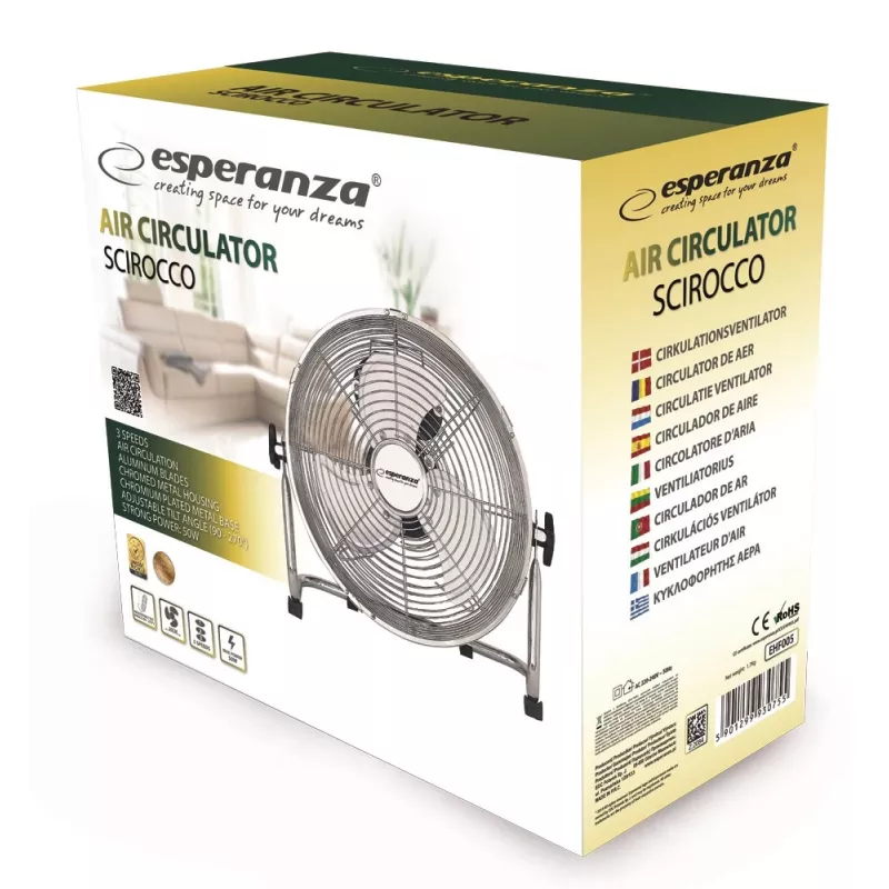 Stalinis ventiliatorius ESPERANZA EHF005 Scirocco 12 col. — 3 greičiai, 36 cm skersmuo, chromuotas, 50 W
