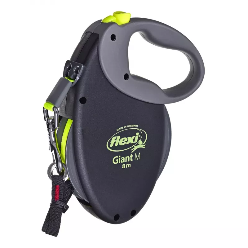Ištraukiamas pavadėlis Flexi NEON GIANT M — 8 m juostinis pavadėlis, maks. apkrova 25 kg, ergonomiška rankena, juoda/geltona