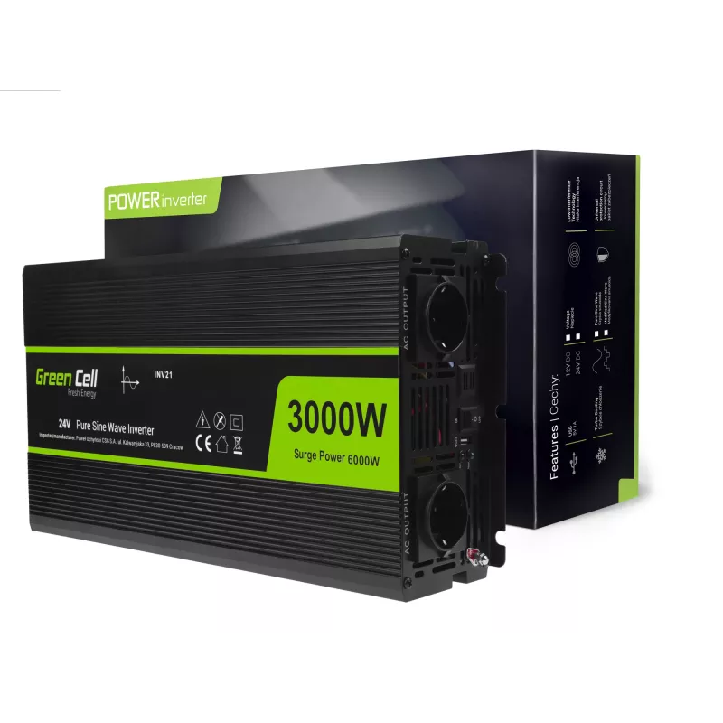 Automobilinis inverteris Green Cell INV21 6000 W, 24V nuolatinės srovės į kintamąją, 230V išvestis, 2x USB PD, aktyvus aušinimas, nuimamos nuolatinės srovės jungtys, juoda