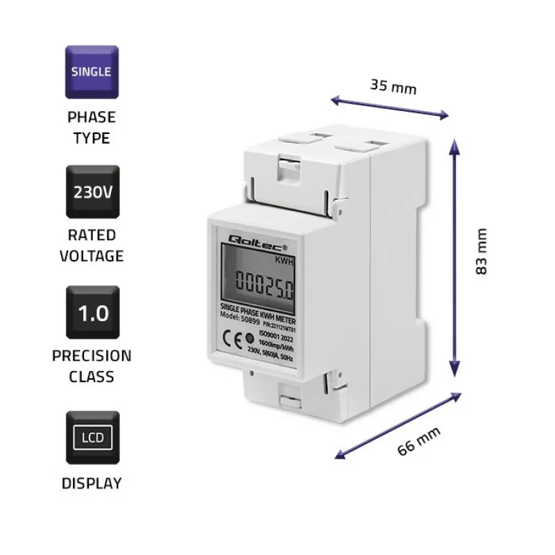 Vienfazis energijos suvartojimo skaitiklis QOLTEC 50899 230 V 50 Hz, 5(60)A, 1.0 klasė, LCD