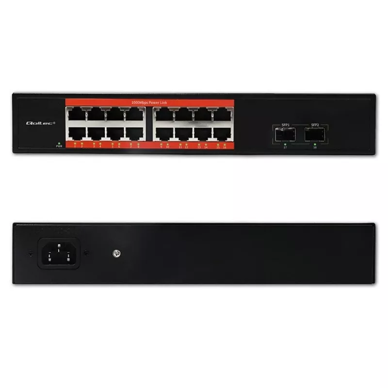 Tinklo komutatorius QOLTEC 52364 — Gigabit Ethernet PoE 16xRJ45, 2xSFP