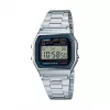 Rankinis laikrodis CASIO A158WA-1DF — skaitmeninis, dervos korpusas, nerūdijančio plieno apyrankė, 33,2×36,8×8,2 mm, CR2016 baterija