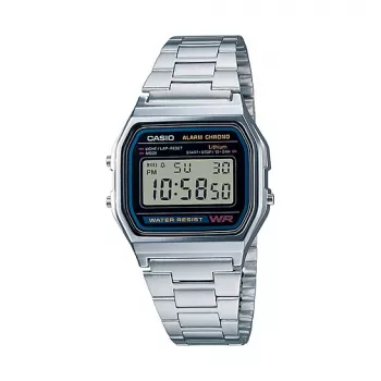 Rankinis laikrodis CASIO A158WA-1DF — skaitmeninis, dervos korpusas, nerūdijančio plieno apyrankė, 33,2×36,8×8,2 mm, CR2016 baterija