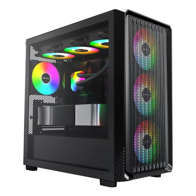 Montech X5M (B) Micro Tower PC korpusas — Micro‑ATX/Mini‑ITX, 3x120mm priekyje, 1x120mm gale, palaiko ATX PSU, 2x3.5 colio + 4x2.5 colio, juoda
