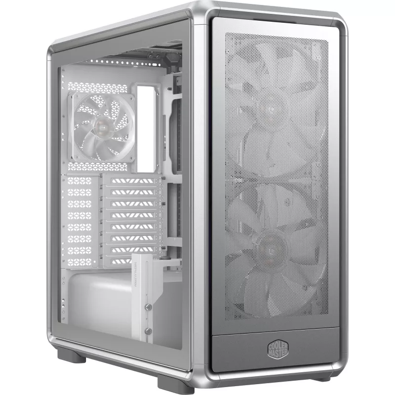 PC Midi Tower Cooler Master MasterFrame 600 Mesh Sidabrinė — palaiko ATX/EATX, priekyje 2×200mm, 2,5 col./3,5 col. diskai