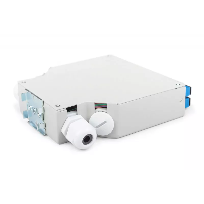 Skaidulų optinė DIN bėgelio dėžutė DIGITUS DN-963890, OS2, SC adapteris su 2 m kabelio galu, plieninė, mėlyna / pilka