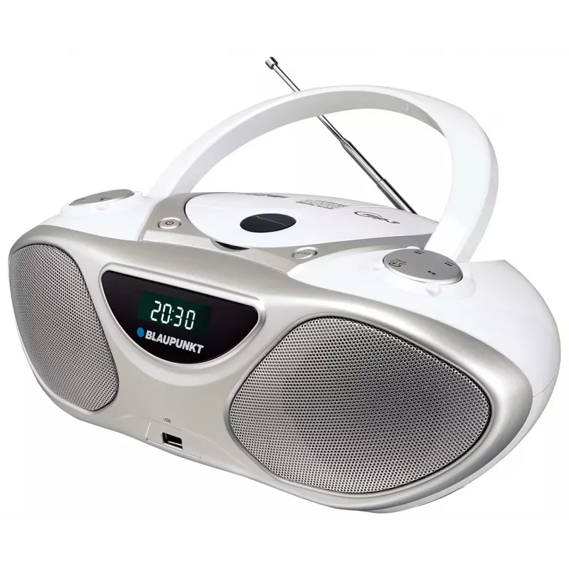 CD grotuvas BLAUPUNKT BB14WH — CD grotuvas su MP3 atkūrimu, USB, LCD, laikrodis, 2x1 W garsiakalbiai, sidabrinis/baltas