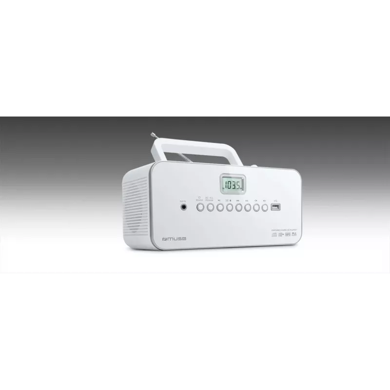 Nešiojama stereosistema Muse M-28RDW — CD/MP3 grotuvas, FM/MW imtuvas, 3W RMS, balta, 1,4 kg