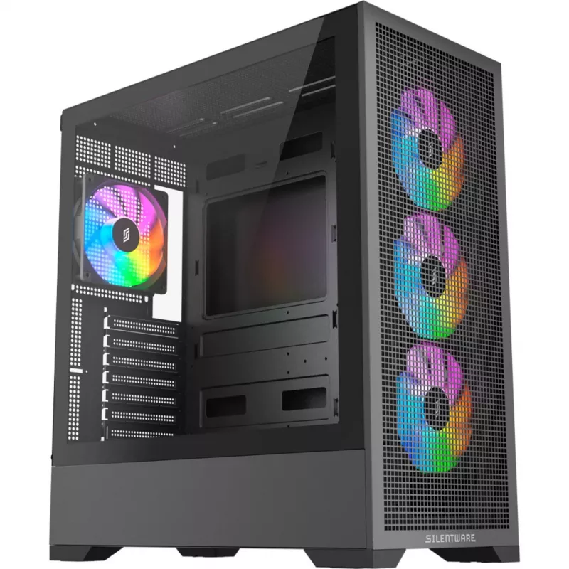PC korpusas Silentware Core 100 A-RGB Juoda — modelis CORE100Juoda, A-RGB apšvietimas, vidutinio bokšto formos faktorius